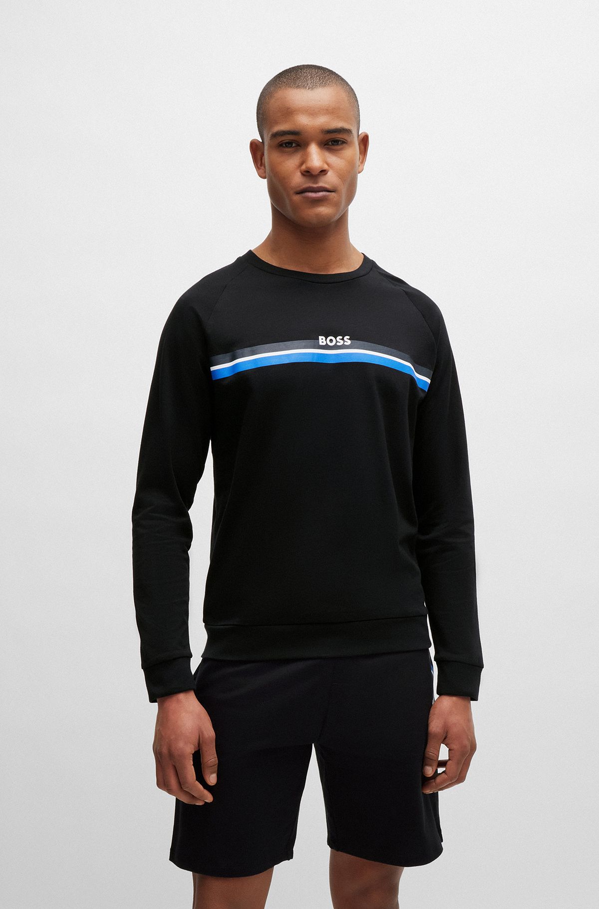 Sweatshirt van katoenen badstof met strepen en logo, Zwart