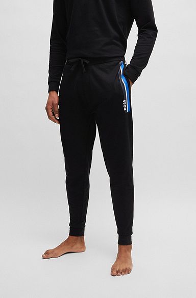 Cotton-terry tracksuit bottoms with stripes and logo, Black