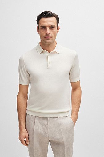 Polo-collar regular-fit sweater in silk and cotton, White