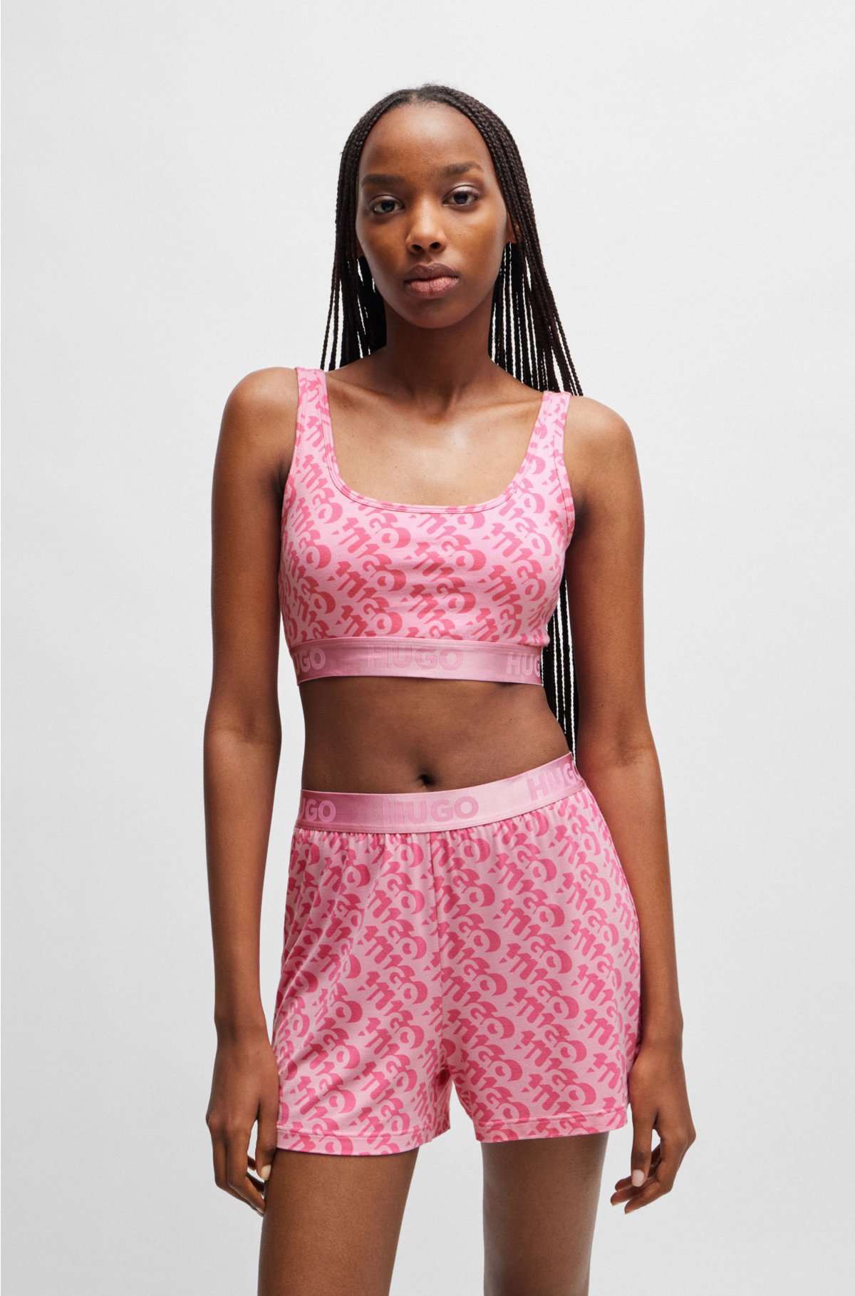 Stretch-cotton bralette with repeat logos, Pink Patterned