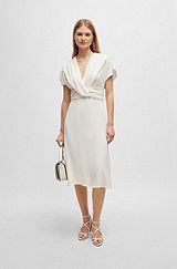 Drape-front dress in matte satin, White