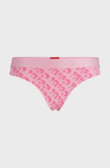 Stretch-cotton thong with repeat logos, Pink