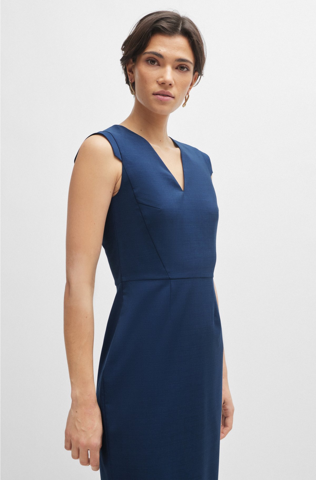 Cap-sleeve V-neck dress in melange virgin wool, Dark Blue