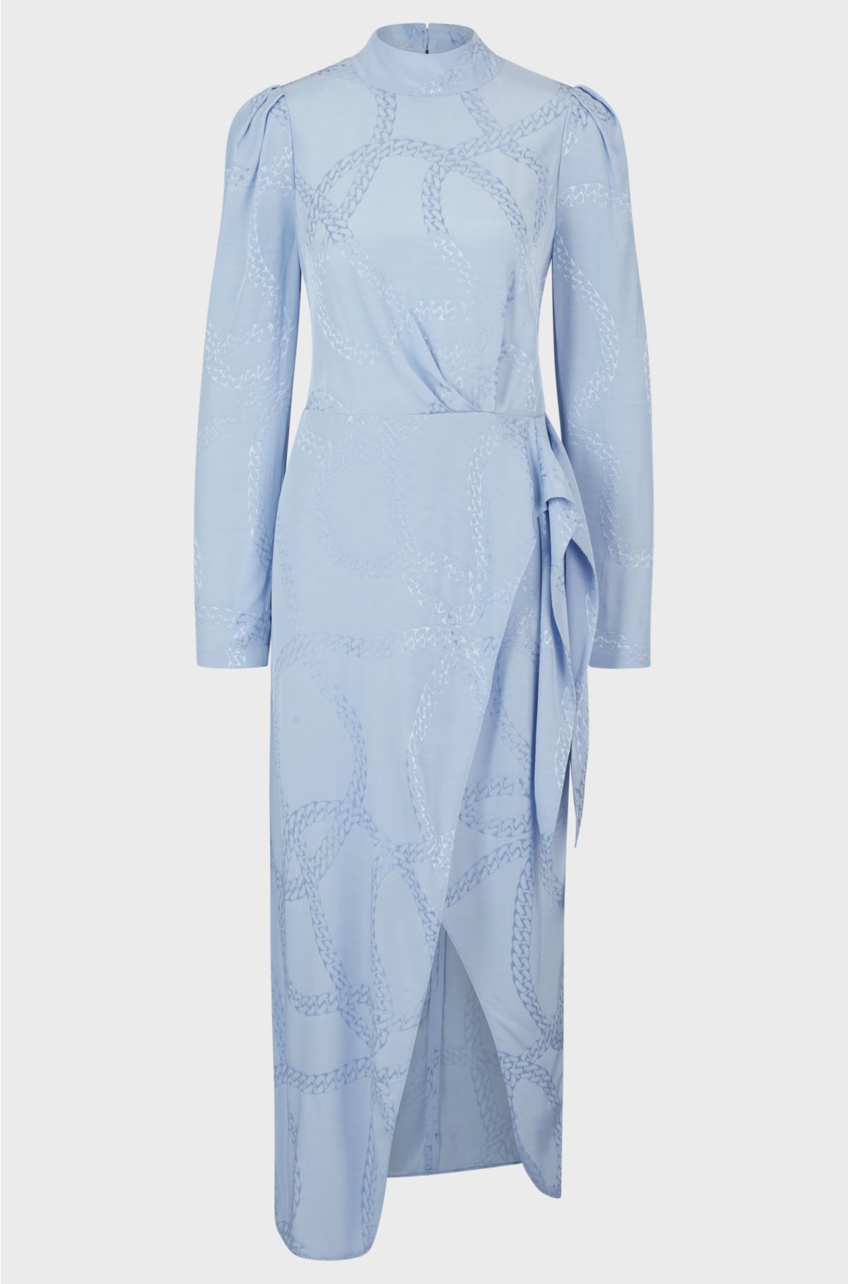 Tie-front mock-neck dress with chain jacquard, Light Blue