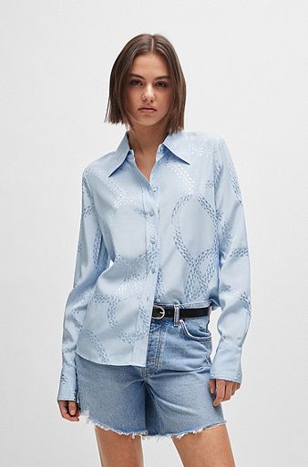 Regular-fit blouse with chain jacquard, Light Blue