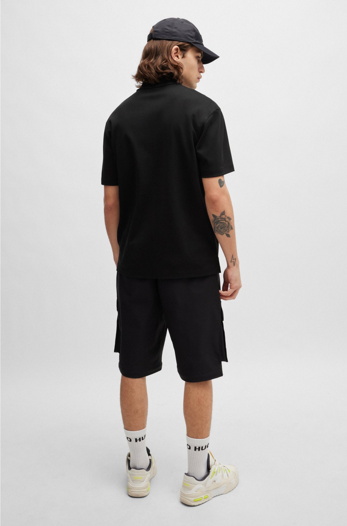 Interlock-cotton polo shirt with stacked logo, Black