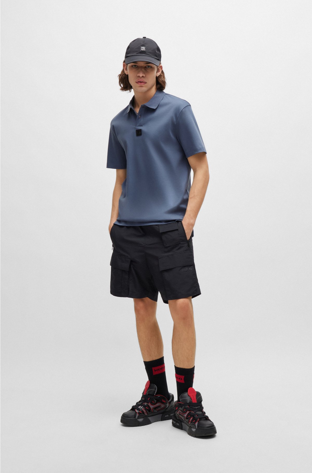 Interlock-cotton polo shirt with stacked logo, Blue