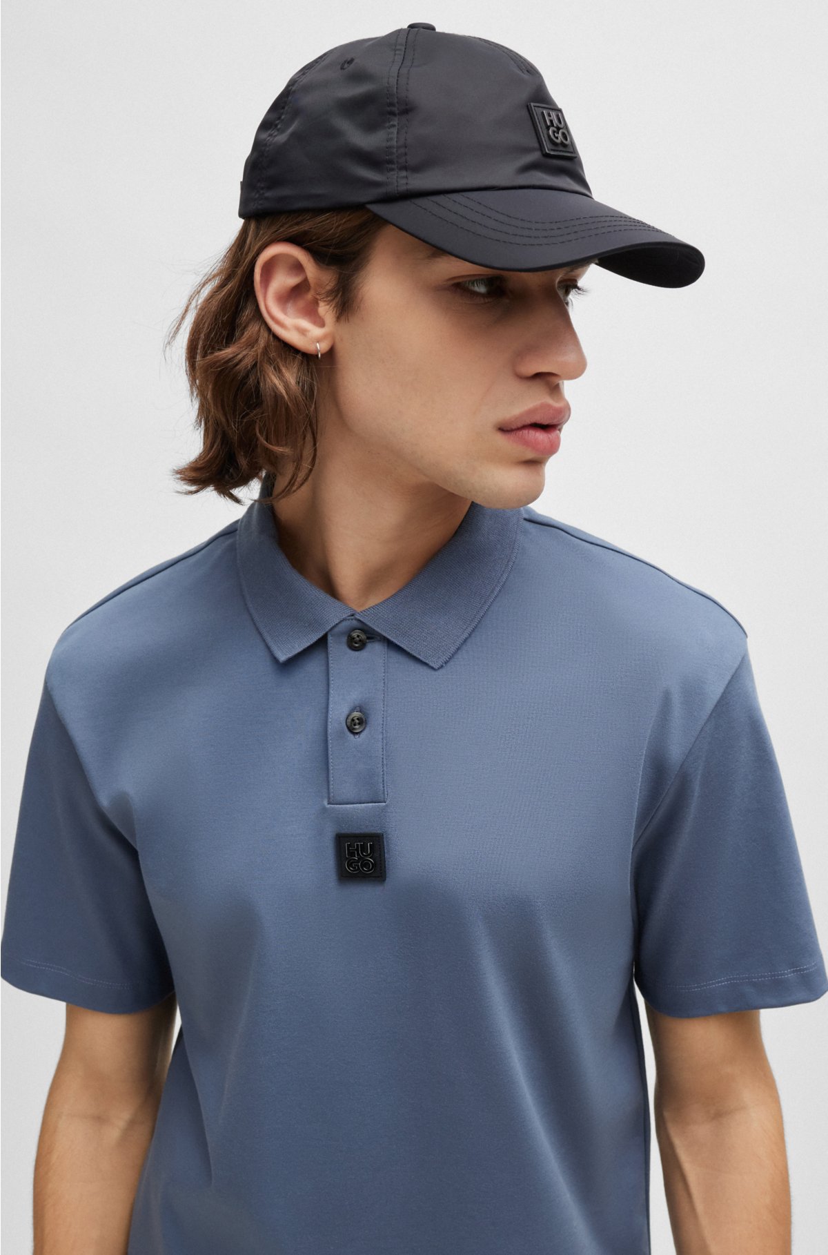 Interlock-cotton polo shirt with stacked logo, Blue