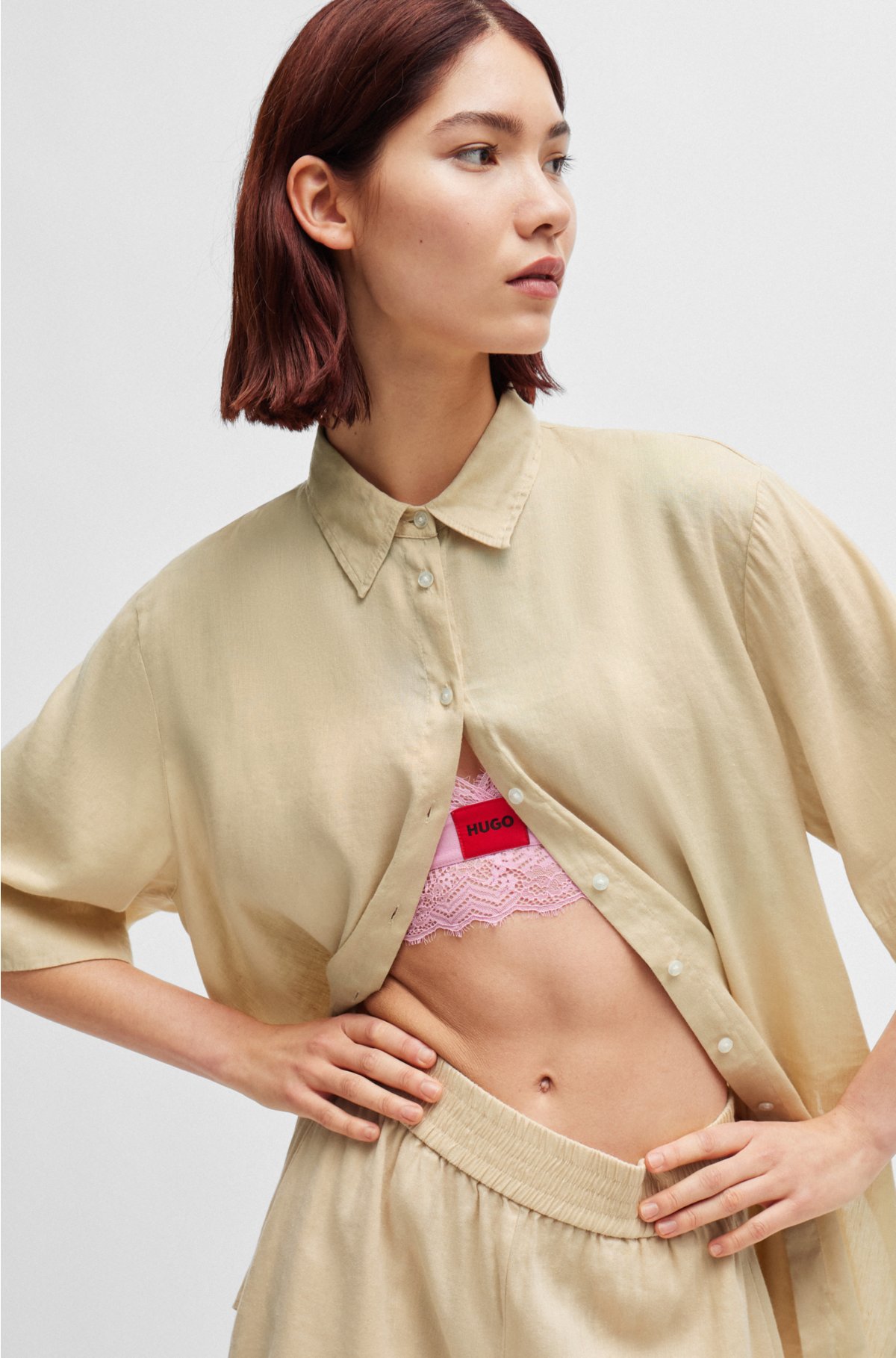 Regular-fit blouse in a linen blend, Light Beige