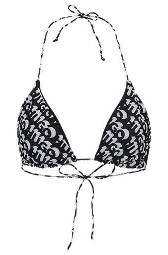 Bikinitop met driehoekige cups en herhaalde logoprint, Zwart met dessin
