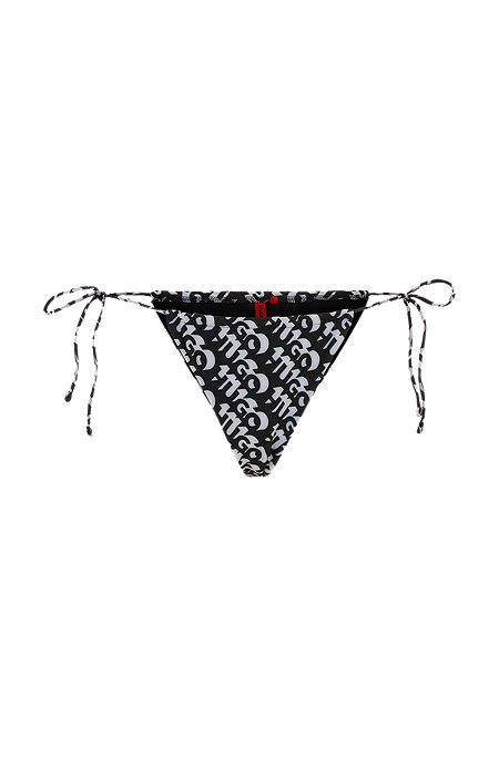 Bikinibroekje met herhaalde logoprint en strikbandjes opzij, Zwart met dessin