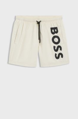 Vertical-logo-print swim shorts in quick-dry poplin, Natural