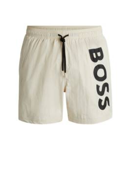 Hugo Boss Vertical-logo-print Swim Shorts In Quick-dry Poplin In Neutral