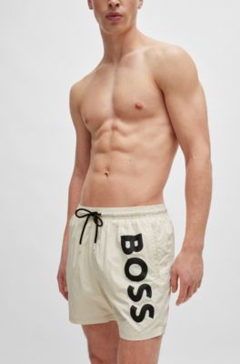Vertical-logo-print swim shorts in quick-dry poplin, White