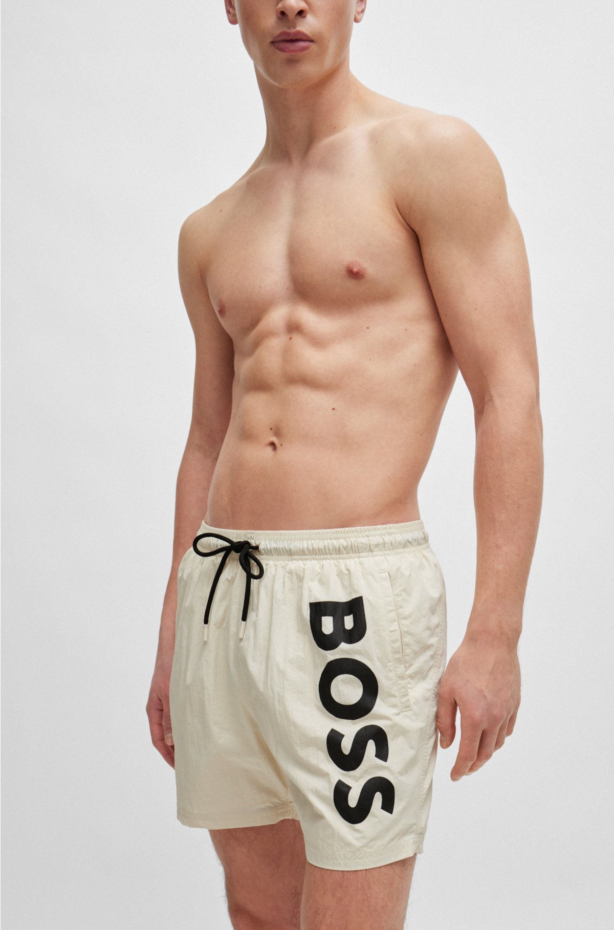 Vertical-logo-print swim shorts in quick-dry poplin, White