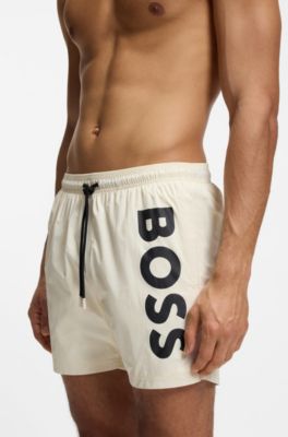 Vertical-logo-print swim shorts in quick-dry poplin, Natural