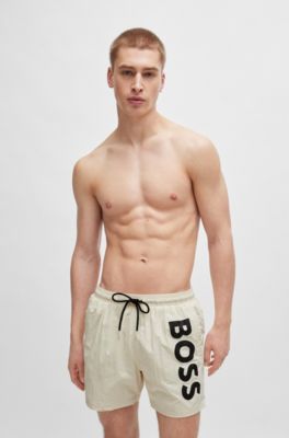 Vertical-logo-print swim shorts in quick-dry poplin, White