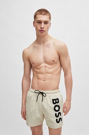 Vertical-logo-print swim shorts in quick-dry poplin, White