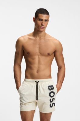 Vertical-logo-print swim shorts in quick-dry poplin, Natural