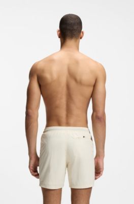Vertical-logo-print swim shorts in quick-dry poplin, Natural