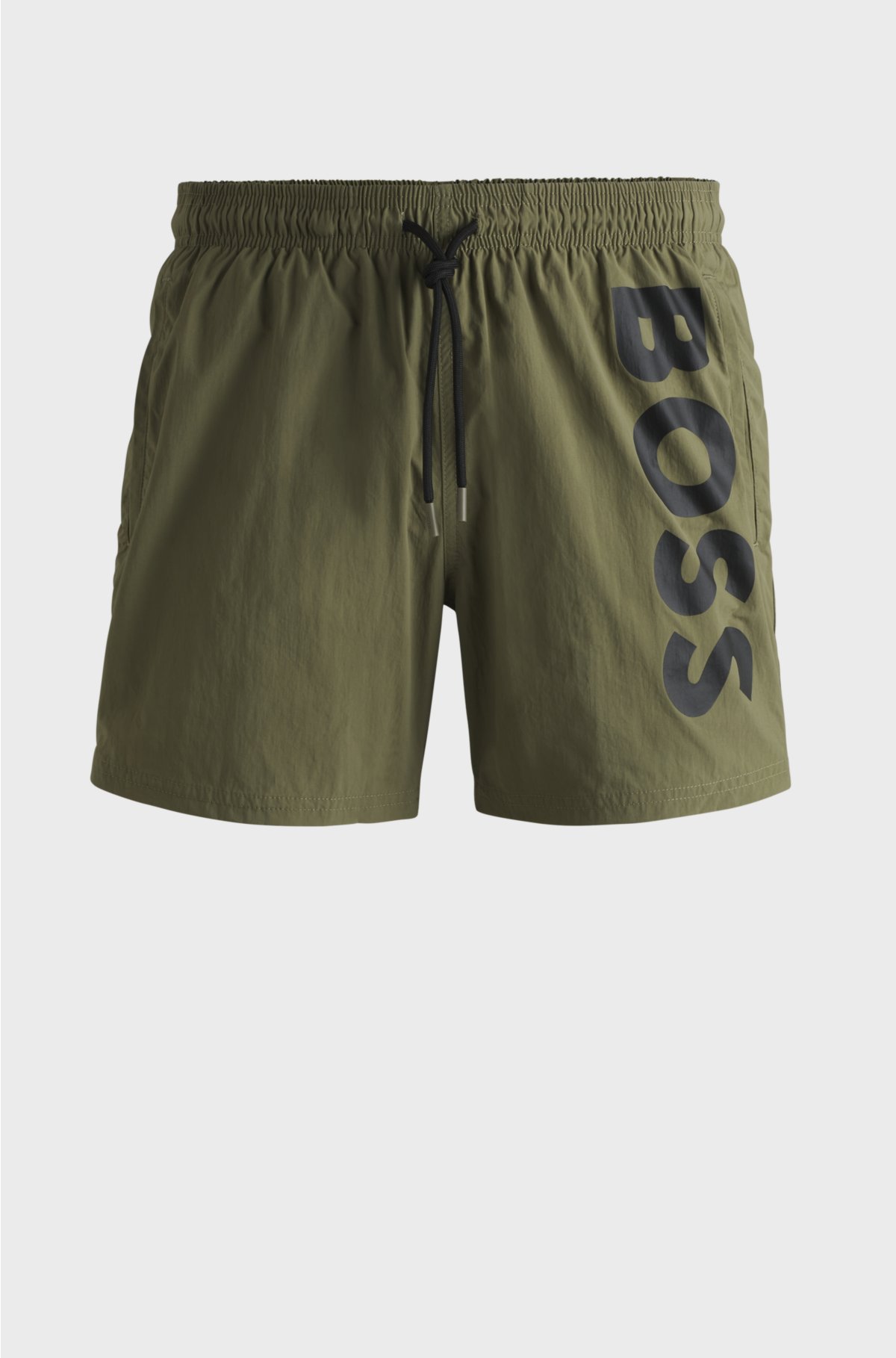 Vertical-logo-print swim shorts in quick-dry poplin, Khaki