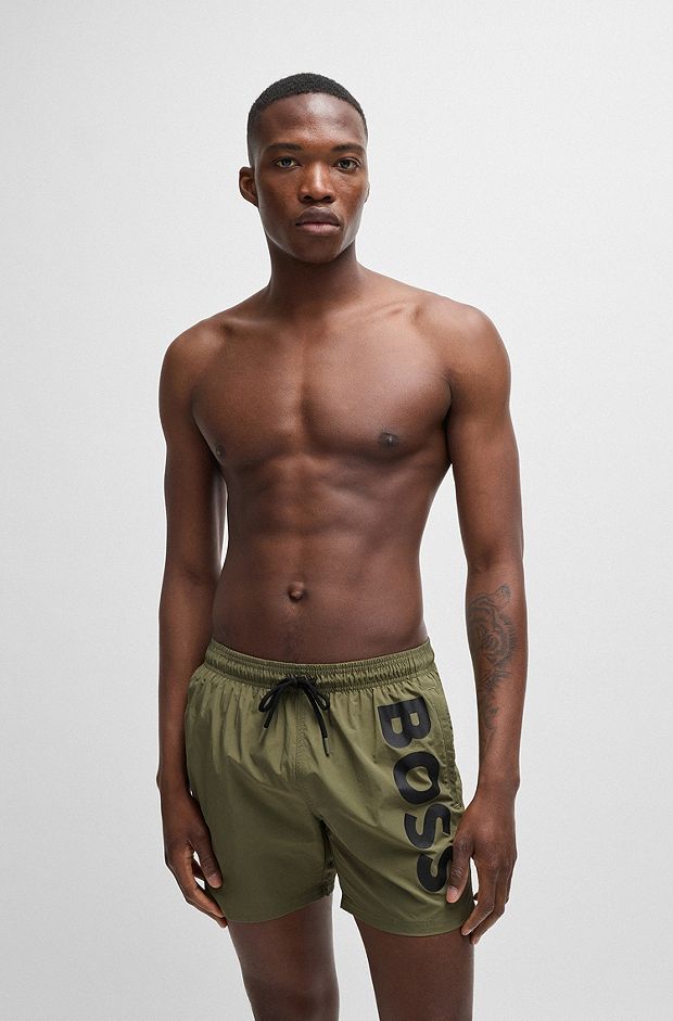 Vertical-logo-print swim shorts in quick-dry poplin, Khaki