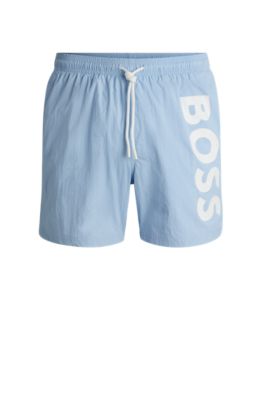 Vertical-logo-print swim shorts in quick-dry poplin, Light Blue