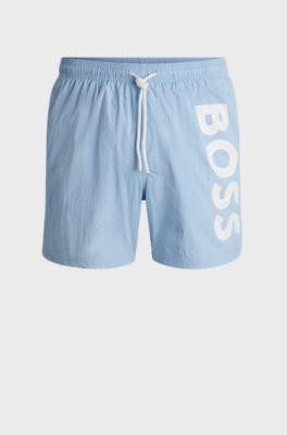 Vertical-logo-print swim shorts in quick-dry poplin, Light Blue