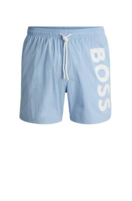 Hugo Boss Vertical-logo-print Swim Shorts In Quick-dry Poplin In Blue