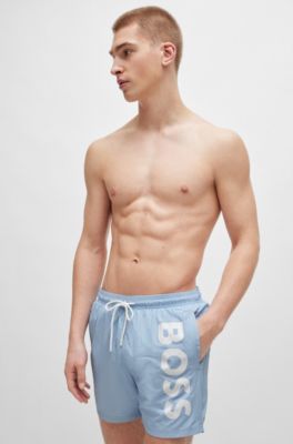 Vertical-logo-print swim shorts in quick-dry poplin, Light Blue