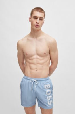 Vertical-logo-print swim shorts in quick-dry poplin, Light Blue