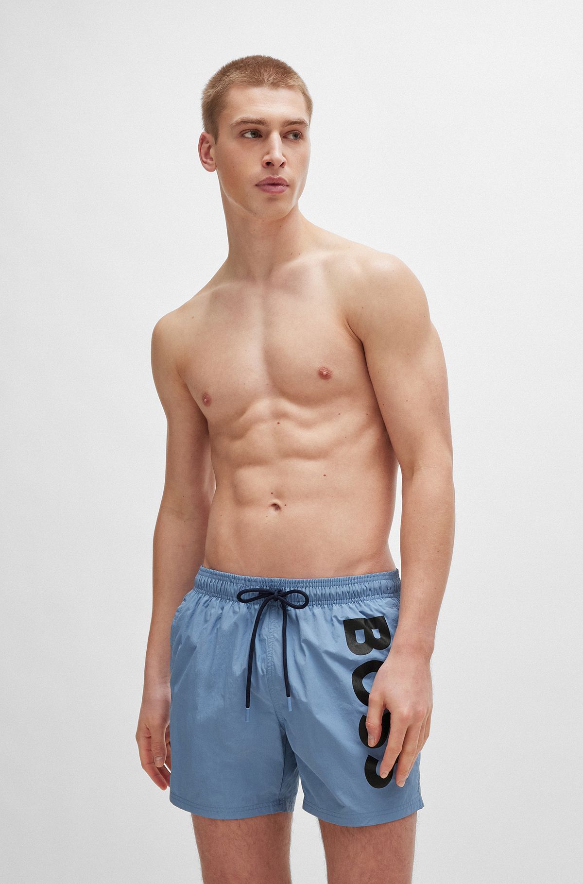 Vertical-logo-print swim shorts in quick-dry poplin, Light Blue