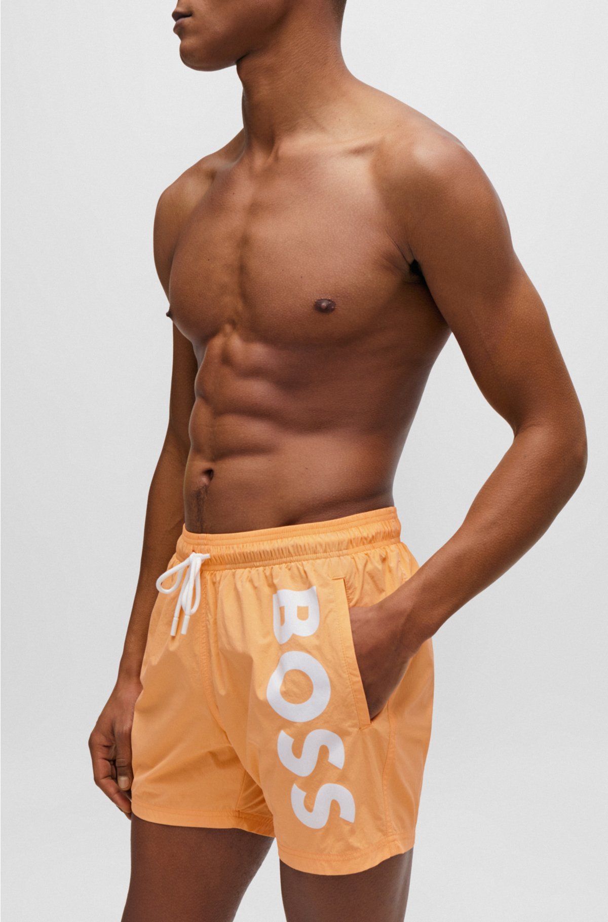 Vertical-logo-print swim shorts in quick-dry poplin, Orange