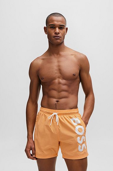 Vertical-logo-print swim shorts in quick-dry poplin, Orange