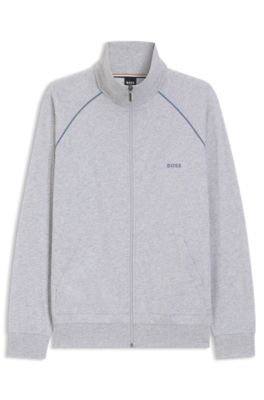 Zip-up jacket in stretch cotton with embroidered logo, Light Grey