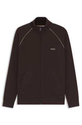 ZIp-up jacket in stretch cotton with contrast piping, Dark Brown