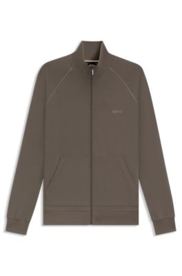 Zip-up jacket in stretch cotton with embroidered logo, Brown