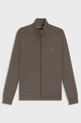 Zip-up jacket in stretch cotton with embroidered logo, Brown