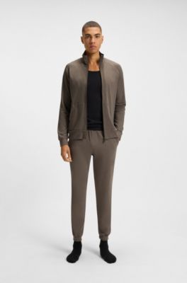 Zip-up jacket in stretch cotton with embroidered logo, Brown