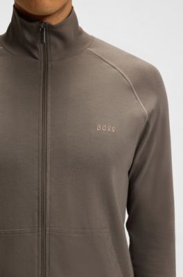 Zip-up jacket in stretch cotton with embroidered logo, Brown