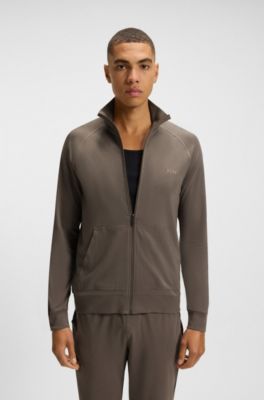 Zip-up jacket in stretch cotton with embroidered logo, Brown