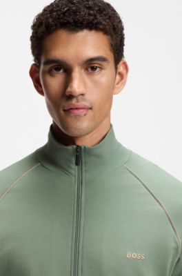 Zip-up jacket in stretch cotton with embroidered logo, Light Green