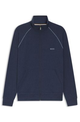 Zip-up jacket in stretch cotton with embroidered logo, Light Blue