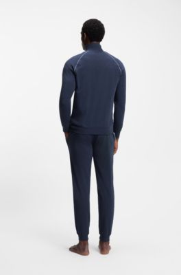 Zip-up jacket in stretch cotton with embroidered logo, Light Blue