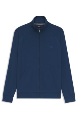 Zip-up jacket in stretch cotton with embroidered logo, Light Blue