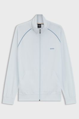Zip-up jacket in stretch cotton with embroidered logo, Light Blue