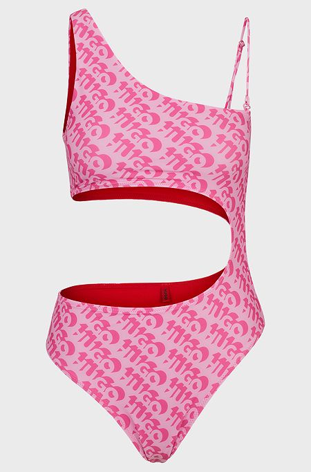 Logo-print swimsuit with cut-out detail, Pink Patterned