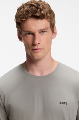 T-shirt van stretchkatoen met logostiksel, Lichtgrijs