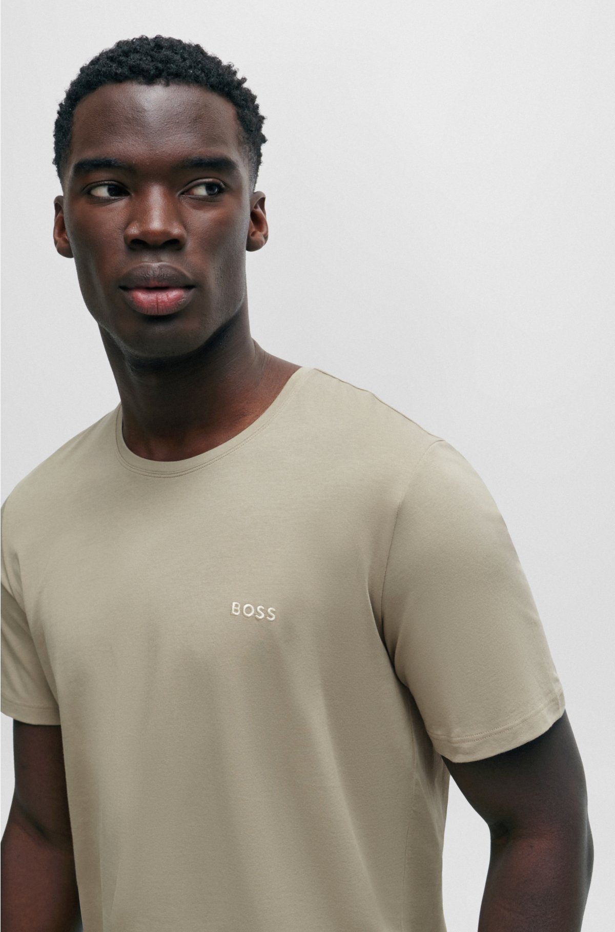 Stretch-cotton T-shirt with embroidered logo, Khaki