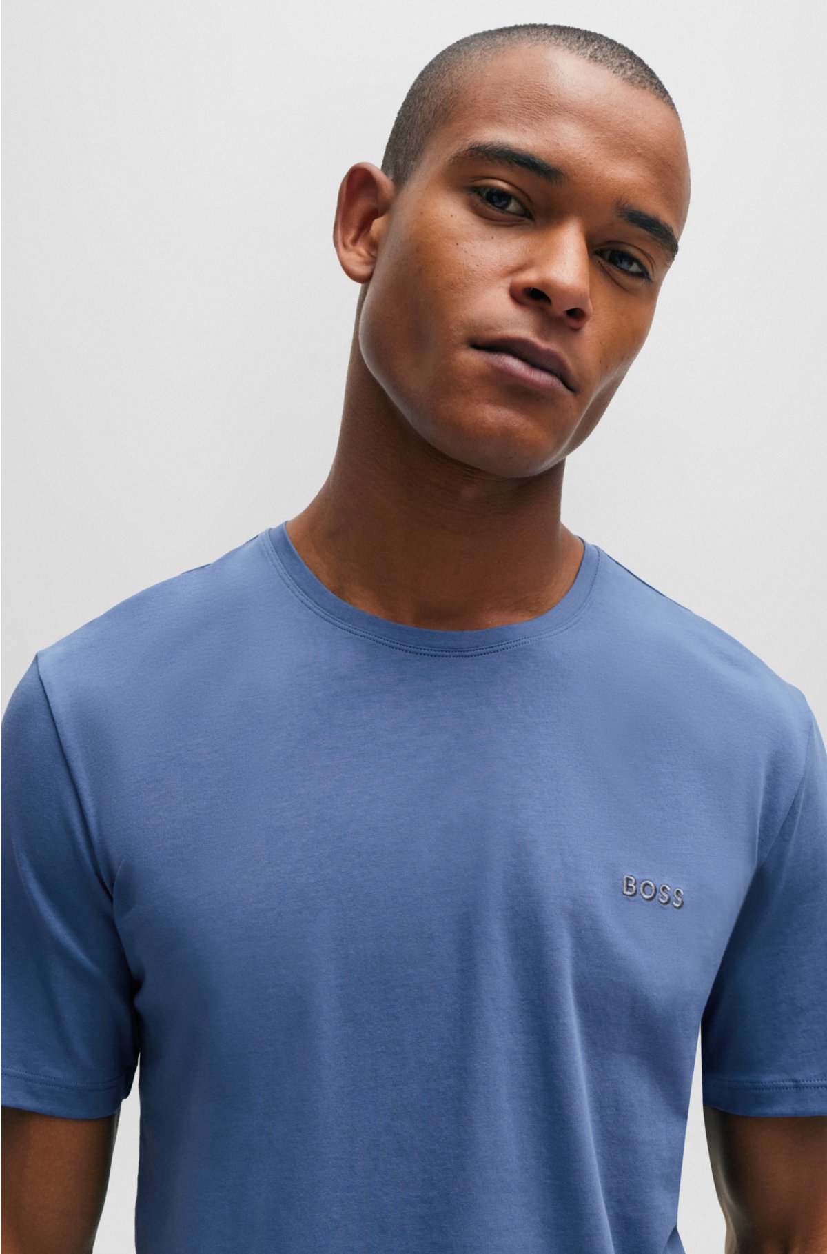Stretch-cotton T-shirt with embroidered logo, Blue